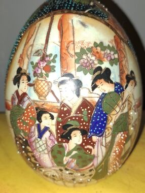 Vintage Hand-Painted Decorative Porcelain Egg - Geishas, Pet Monkey Motif